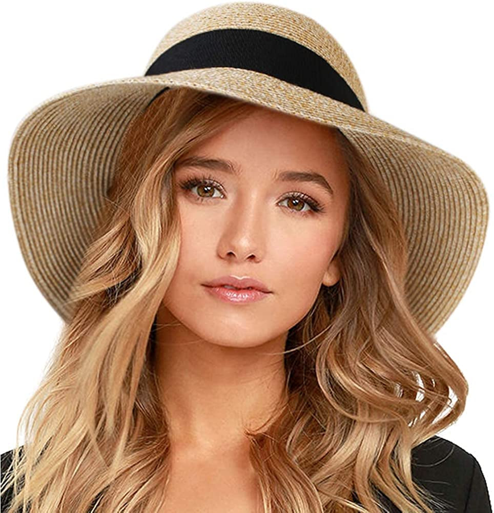 FURTALK Womens Beach Sun Straw Hat UV UPF50 Travel Foldable Brim Summer UV Hat Apparel & Accessories > Clothing Accessories > Hats KYLIE MAX Mixed Beige Khaki Large 