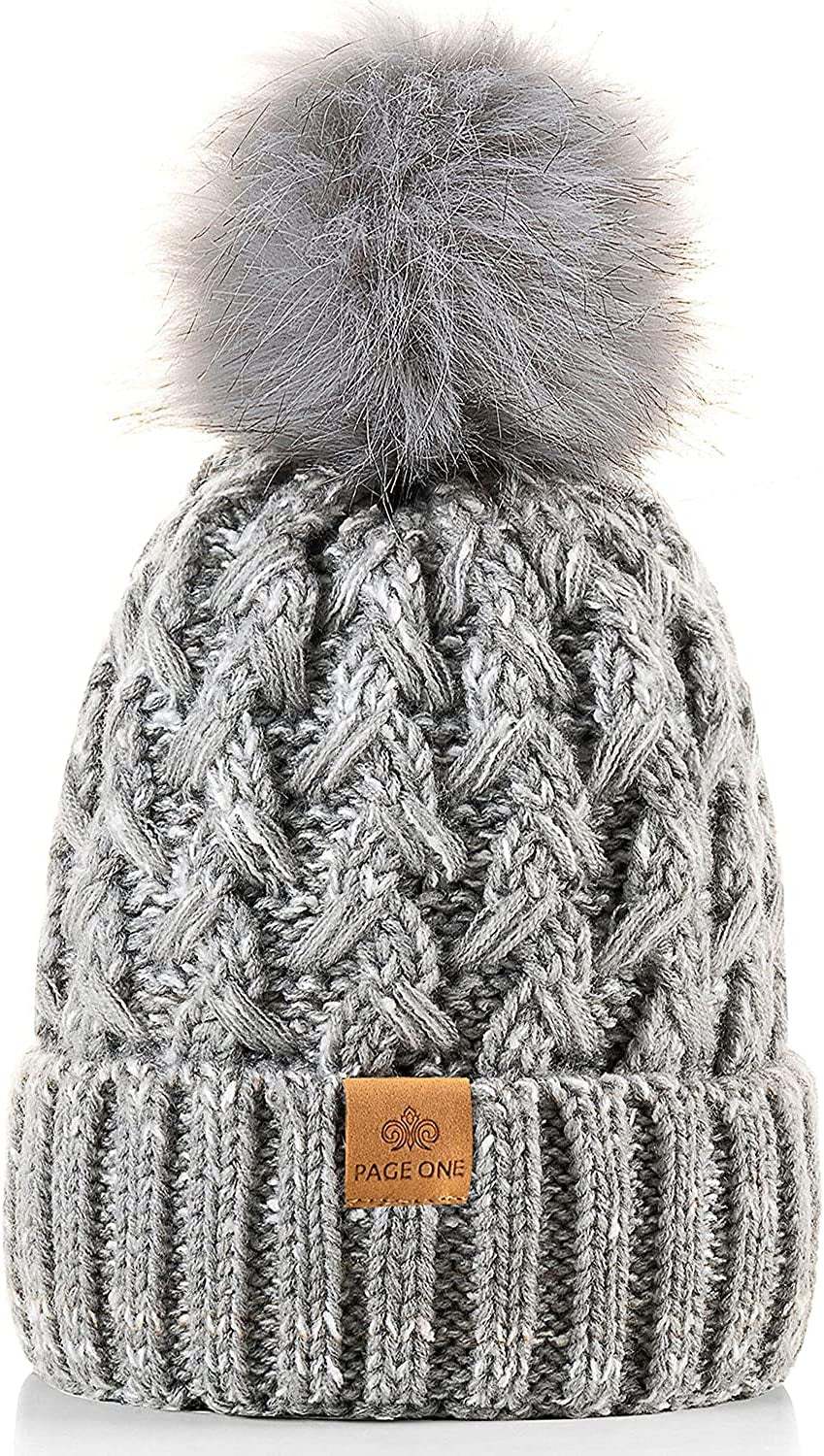 PAGE ONE Womens Winter Ribbed Beanie Crossed Cap Chunky Cable Knit Pompom Soft Warm Hat Apparel & Accessories > Clothing Accessories > Hats PAGE ONE Mixed Light Grey  
