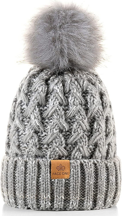 PAGE ONE Womens Winter Ribbed Beanie Crossed Cap Chunky Cable Knit Pompom Soft Warm Hat Apparel & Accessories > Clothing Accessories > Hats PAGE ONE Mixed Light Grey  