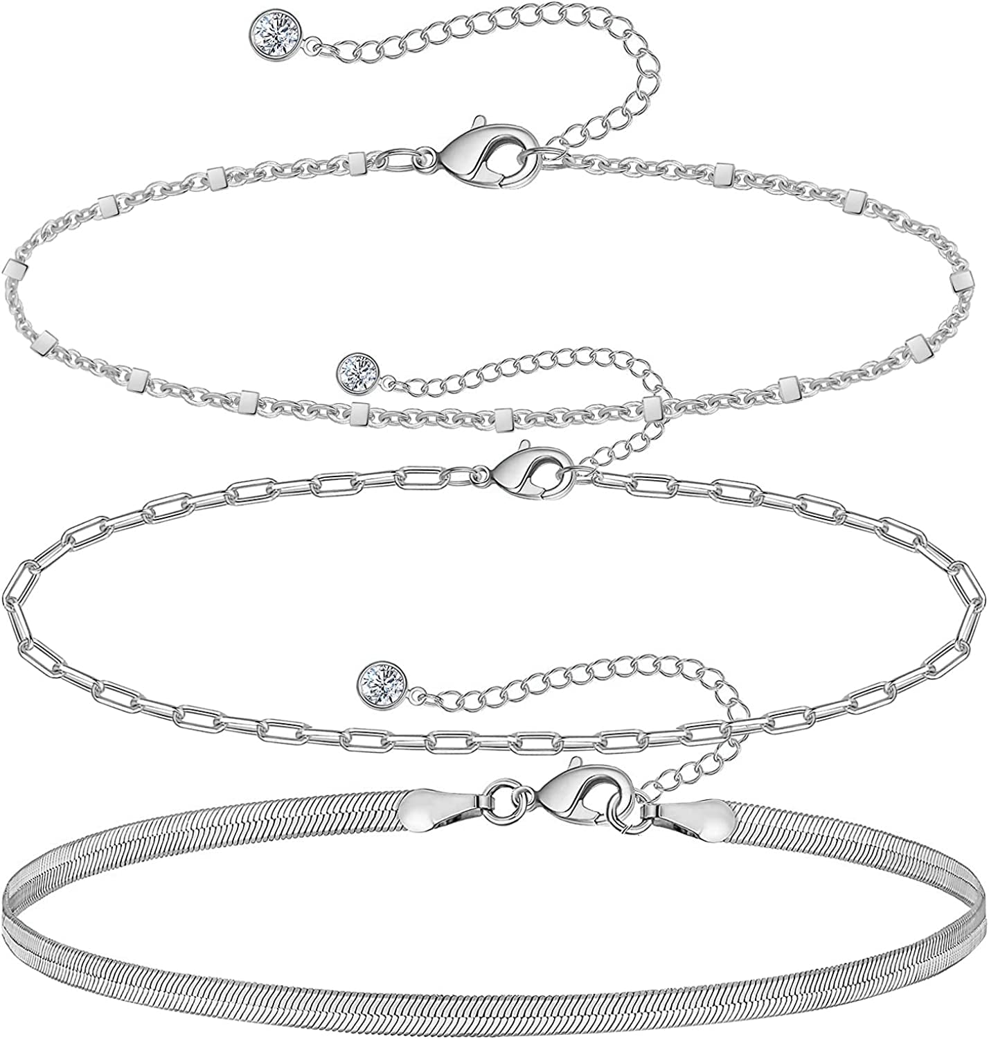 Gold Ankle Bracelets for Women 14K Gold Plated Anklet Silver Tennis Rose Quartz Cross Bead Herringbone Snake Paperclip Chain Cubic Zirconia Dainty Layered Anklet Set 3Pcs Apparel & Accessories > Jewelry > Anklets WeSparking E-White Gold-Paperclip Chain  