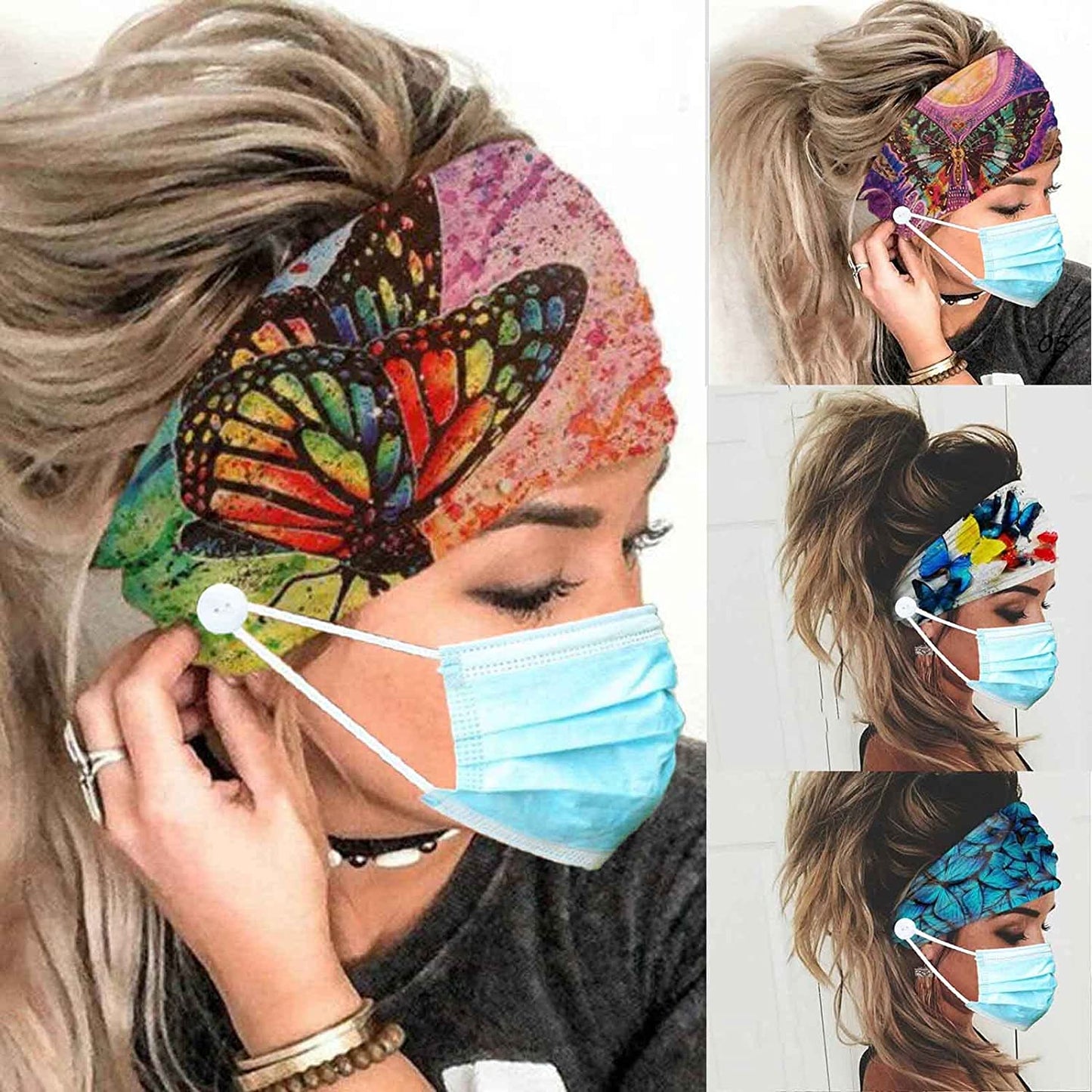 Olbye Wide Boho Headband Headwrap Butterfly Stretch Hair Bands Bandana Yoga Running Athletic Turban Head Bands Head Scarfs Hair Accessories for Women and Girls 4Pcs Apparel & Accessories > Clothing Accessories > Bandanas & Headties Olbye Button  
