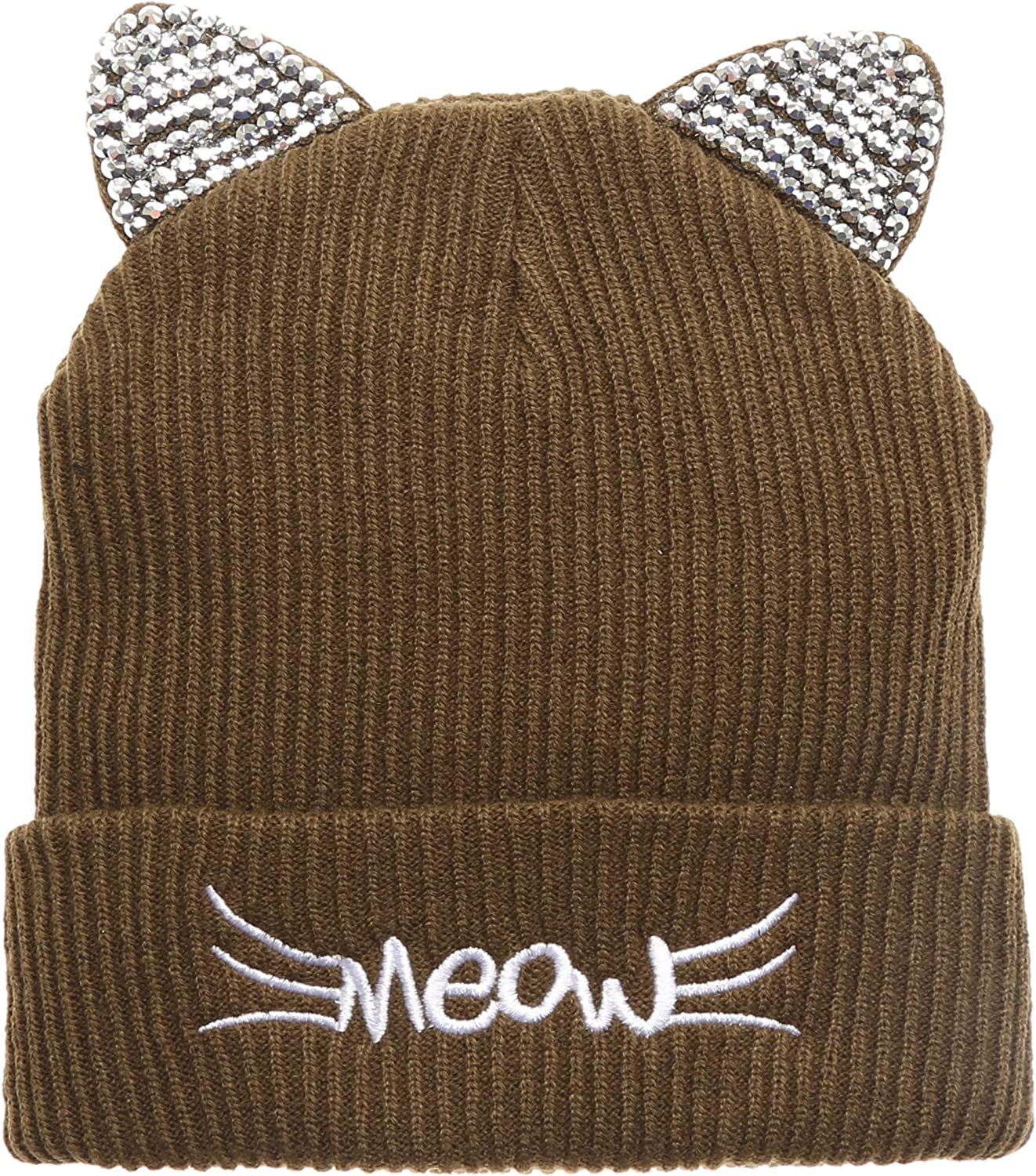 MIRMARU Women’S Soft Warm Embroidered Meow Cat Ears Knit Beanie Hat with Stone Embellished Apparel & Accessories > Clothing Accessories > Hats MIRMARU Olive One Size 