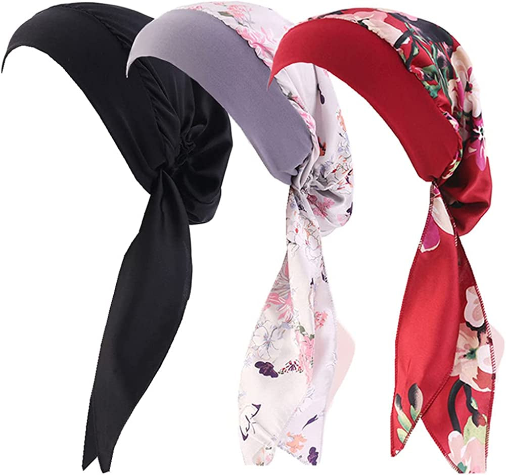 CCCHO Women Vintage Silky Turbans Bonnet Elastic Wide Band Multifunction Printing Hat Chemo Hair Loss Cap Apparel & Accessories > Clothing Accessories > Headwear CCCHO A2-a3black+grey+wine  