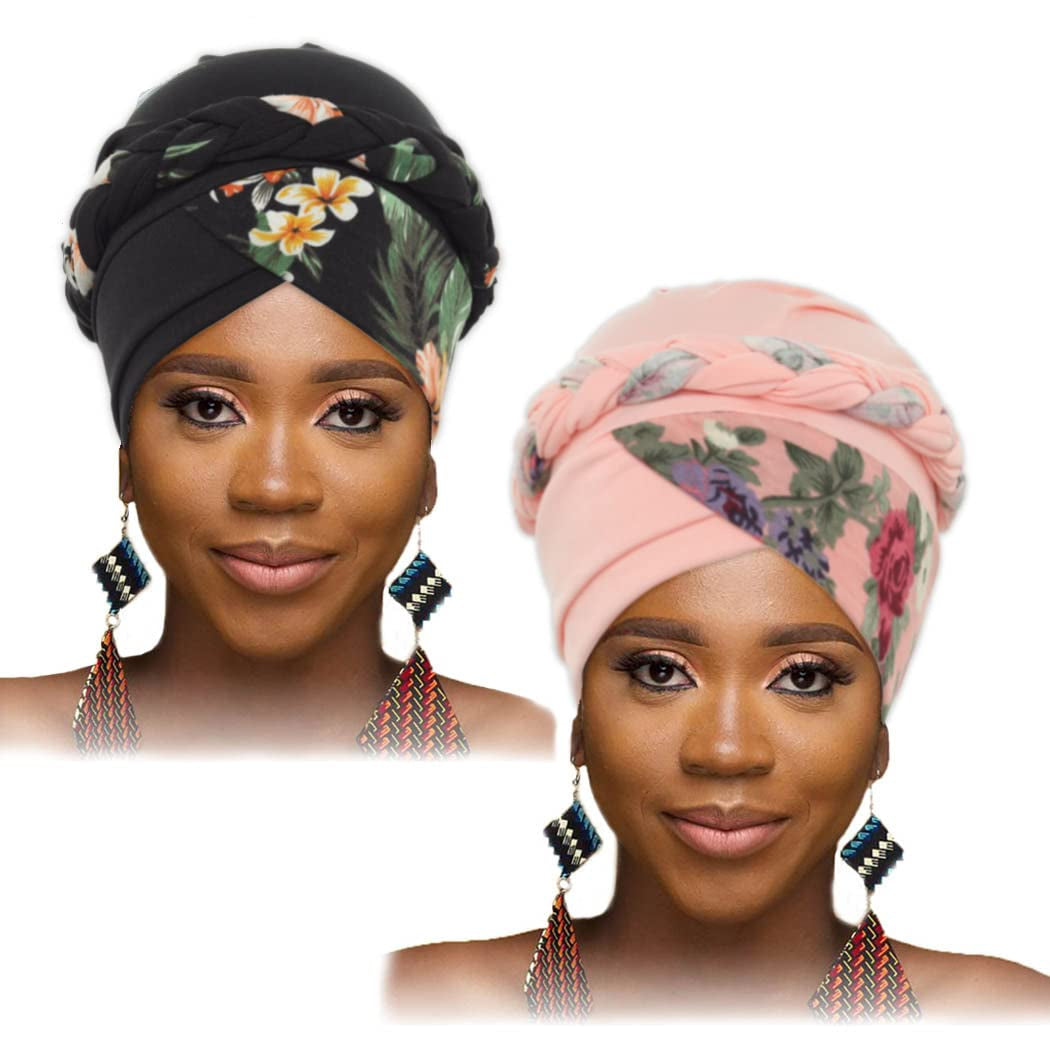 Woeoe African Turban Head Wraps Pink Pattern Braid Head Scarf Flower Print Pre-Tied Head Cover Cap Headwear for Women and Girls(Pack of 2) Apparel & Accessories > Clothing Accessories > Headwear Woeoe   