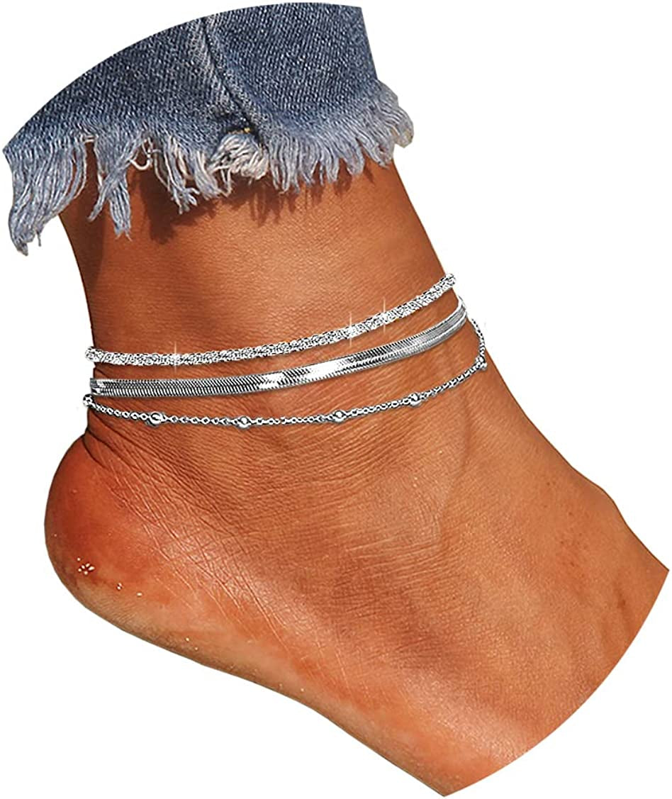 Sparkling Gold Anklet Bracelets for Women,Cute 18K Gold Plated Anklets for Women Teen Girls Large Ankles Apparel & Accessories > Jewelry > Anklets JYUEDA Three / Silver  