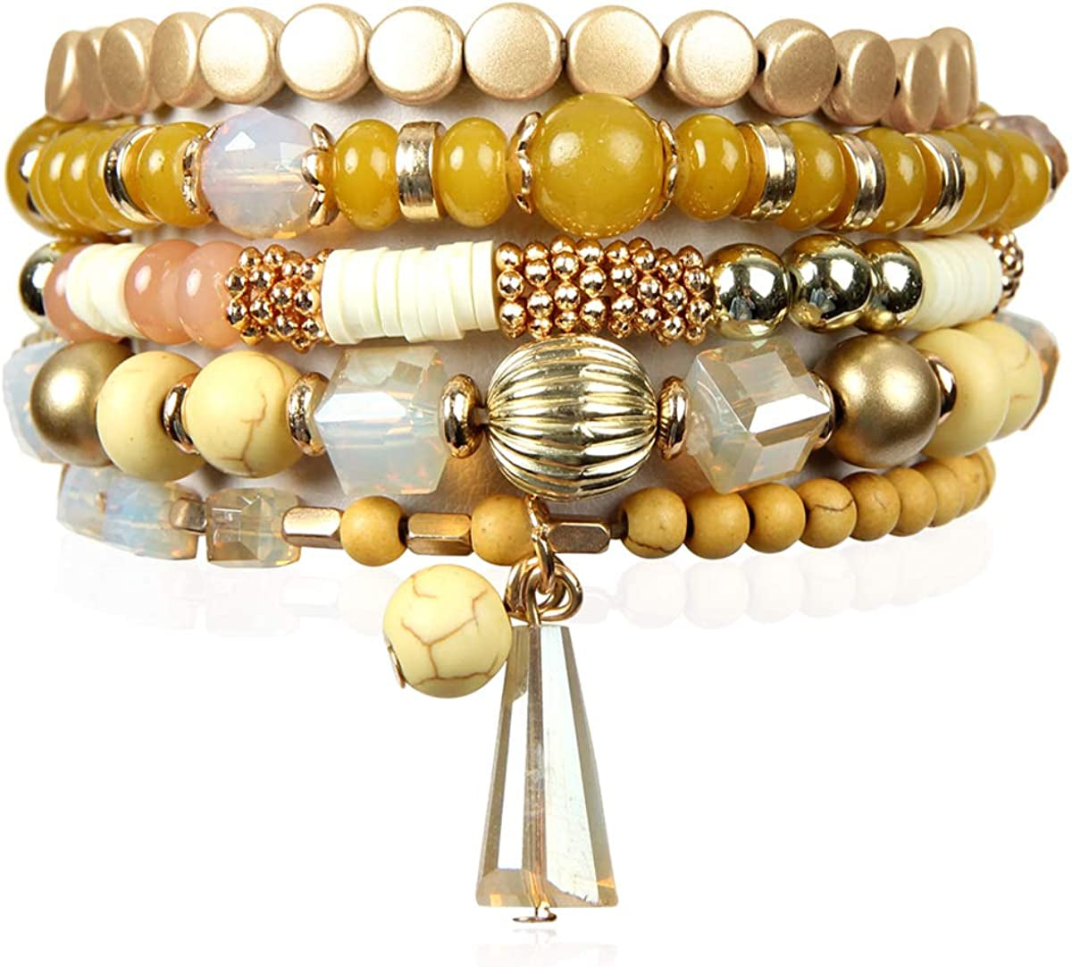 Bohemian Mix Bead Multi Layer Versatile Statement Bracelets - Stackable Beaded Strand Stretch Bangles Sparkly Crystal, Tassel Charm Apparel & Accessories > Jewelry > Bracelets RIAH FASHION Mustard  