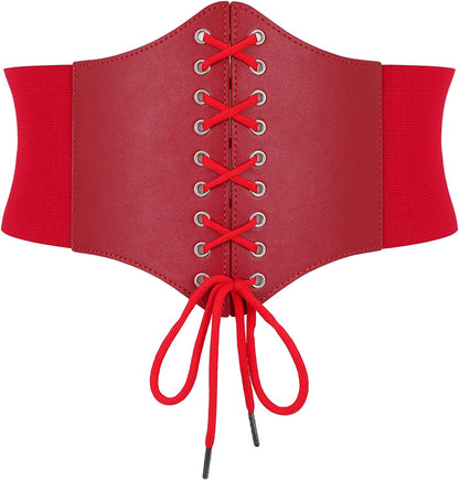 Corset Belt for Women Lace up Elastic Leather Waist Corset Tied Waspie Belt for Renaissance Pirate Halloween Costume Apparel & Accessories > Clothing Accessories > Belts WOWOGO 4-red Fit Waist Size 33"-35" 
