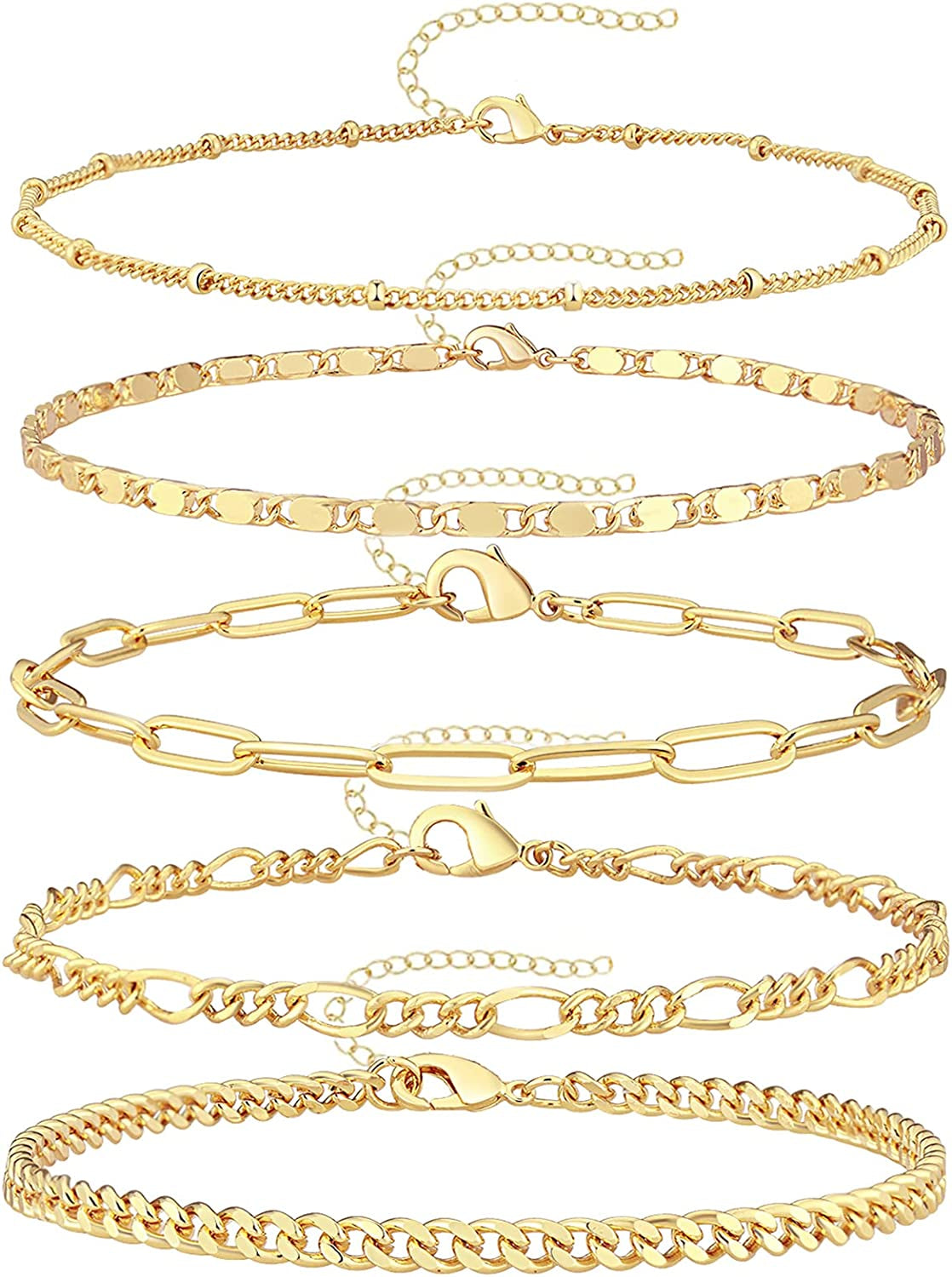 Reoxvo Dainty Gold Chain Bracelets Set for Women 14K Real Gold Plated Link Chain Bracelets for Women Trendy Gold Stackable Bracelets for Women Adjustable 7"+2" Apparel & Accessories > Jewelry > Bracelets Reoxvo Style 01  