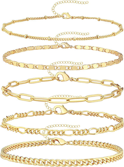 Reoxvo Dainty Gold Chain Bracelets Set for Women 14K Real Gold Plated Link Chain Bracelets for Women Trendy Gold Stackable Bracelets for Women Adjustable 7"+2" Apparel & Accessories > Jewelry > Bracelets Reoxvo Style 01  