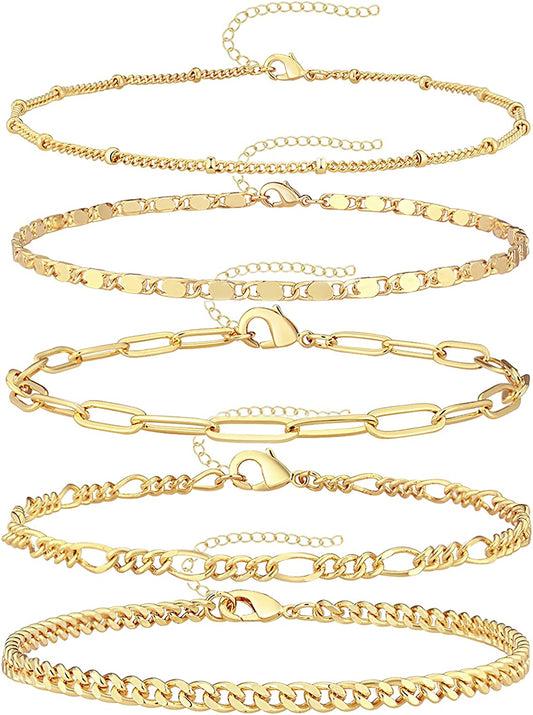 Reoxvo Dainty Gold Chain Bracelets Set for Women 14K Real Gold Plated Link Chain Bracelets for Women Trendy Gold Stackable Bracelets for Women Adjustable 7"+2" Apparel & Accessories > Jewelry > Bracelets Reoxvo Style 01  