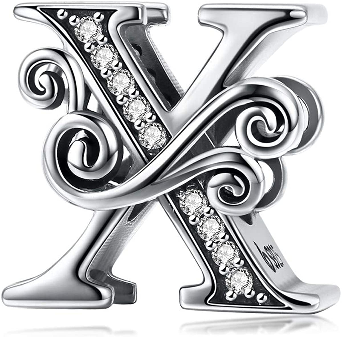 Solid 925 Sterling Silver with Cubic Stones, Complete A~Z Gift Options Alphabet Charm Letter Beads Fit Pandora European Bracelets Apparel & Accessories > Jewelry > Bracelets ABAOLALA ALPHABET X  
