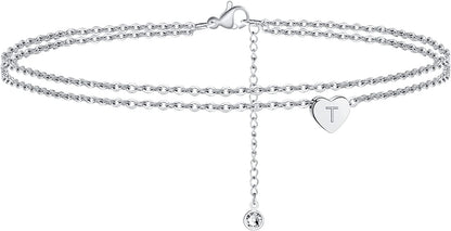Turandoss Silver Heart Initial Ankle Bracelets for Women, 14K White Gold Filled Handmade Dainty Layered Silver Anklet Letter Initial Heart Ankle Bracelets for Women Silver Summer Foot Beach Jewelry Apparel & Accessories > Jewelry > Anklets Turandoss T  