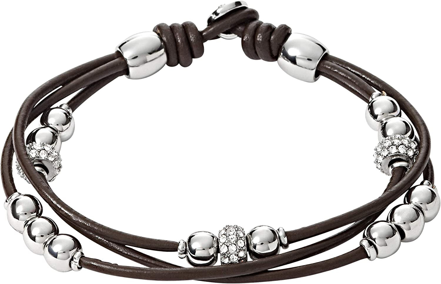 Fossil Women'S Stainless Steel and Genuine Leather Bracelet Apparel & Accessories > Jewelry > Bracelets Fossil Silver Glitz/Dark Brown  