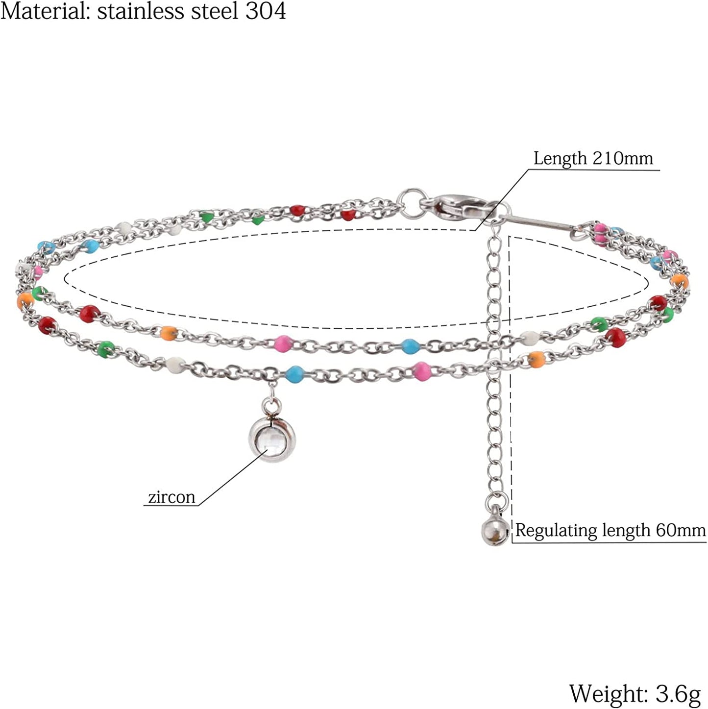Nobrand Crystal Stainless Steel Anklet Color Beaded Dainty Hanging Bells Cute Charm Adjustable Beach Double Layer Foot Chain for Women Teen Girls, 8.26 Inch+2.36 Inches Apparel & Accessories > Jewelry > Anklets nobrand   