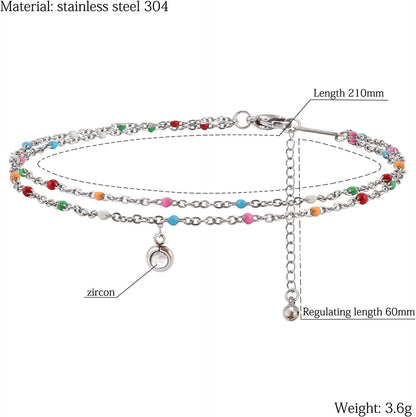 Nobrand Crystal Stainless Steel Anklet Color Beaded Dainty Hanging Bells Cute Charm Adjustable Beach Double Layer Foot Chain for Women Teen Girls, 8.26 Inch+2.36 Inches Apparel & Accessories > Jewelry > Anklets nobrand   