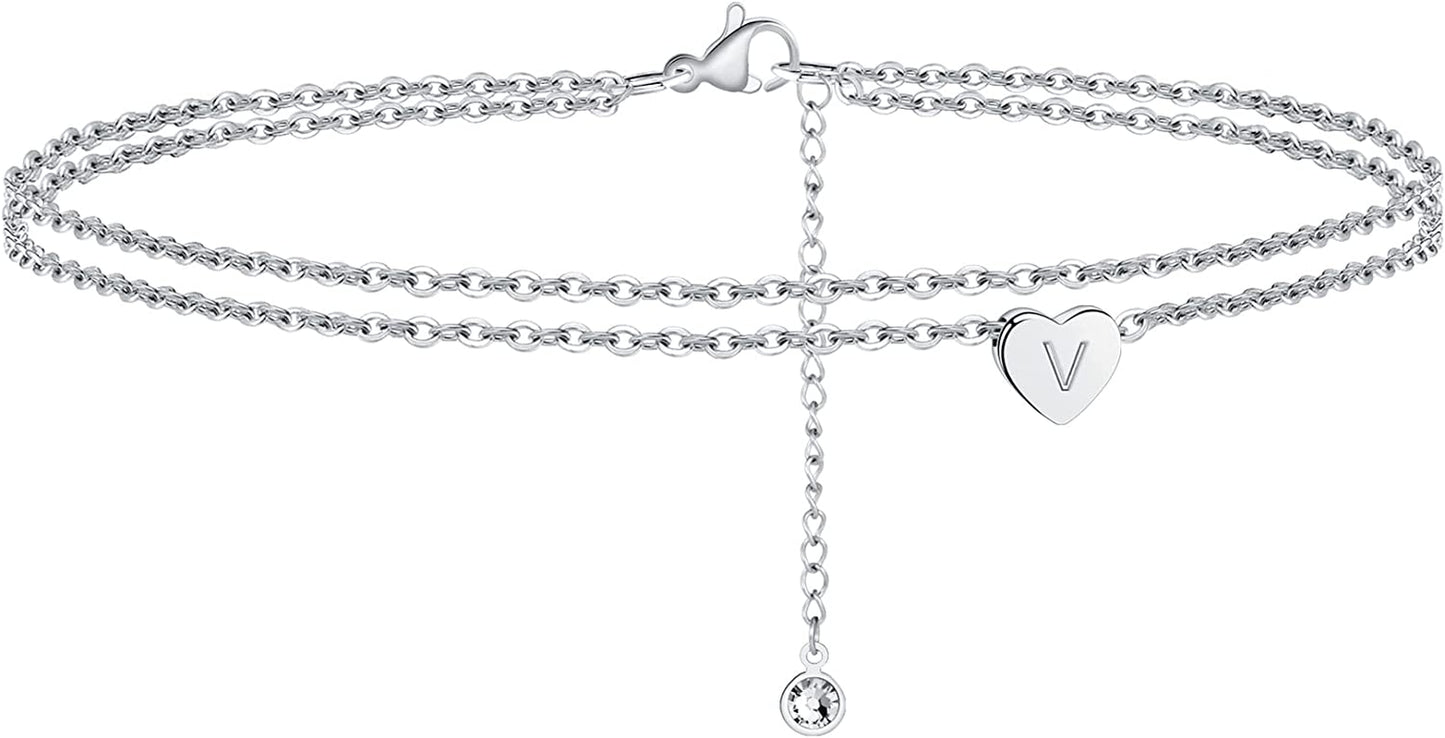 Turandoss Silver Heart Initial Ankle Bracelets for Women, 14K White Gold Filled Handmade Dainty Layered Silver Anklet Letter Initial Heart Ankle Bracelets for Women Silver Summer Foot Beach Jewelry Apparel & Accessories > Jewelry > Anklets Turandoss V  