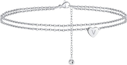 Turandoss Silver Heart Initial Ankle Bracelets for Women, 14K White Gold Filled Handmade Dainty Layered Silver Anklet Letter Initial Heart Ankle Bracelets for Women Silver Summer Foot Beach Jewelry Apparel & Accessories > Jewelry > Anklets Turandoss V  
