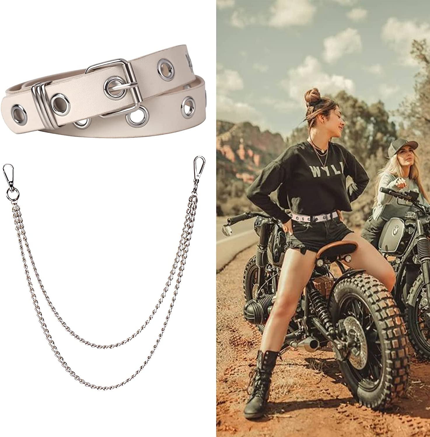 FIORETTO Grommet Leather Belt with Detachable Chain Women Men Punk Rock Waist Belts for Jeans Pants Apparel & Accessories > Clothing Accessories > Belts FIORETTO   