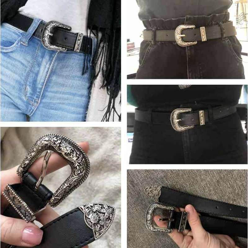 Western-Leather-Belts-Women Vintage Waist-Belts with Hollow Out Flower Buckle Apparel & Accessories > Clothing Accessories > Belts INOGIH   