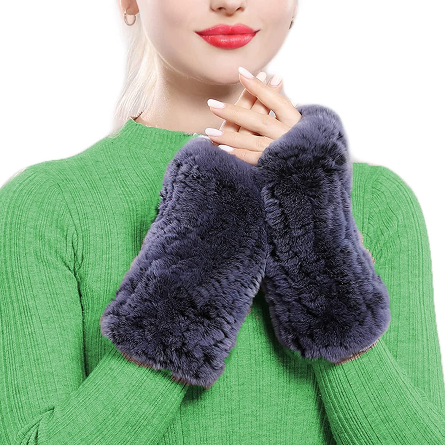 Forssils Real Rabbit Fur Gloves for Women Winter Furry Gloves Mittens Gloves Knitted Fingerless Gloves Apparel & Accessories > Clothing Accessories > Gloves & Mittens Forssils Blue  