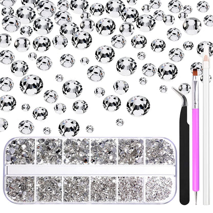 FITDON 3200Pcs Flat Back round Crystal AB Rhinestones Iridescent Glass Charms Nail Stones Gems with Pick up Tweezers Rhinestones Picking Pen Dual-Use Brush Dotting Tools Health & Beauty > Personal Care > Cosmetics > Cosmetic Tools > Nail Tools FITDON Clear  