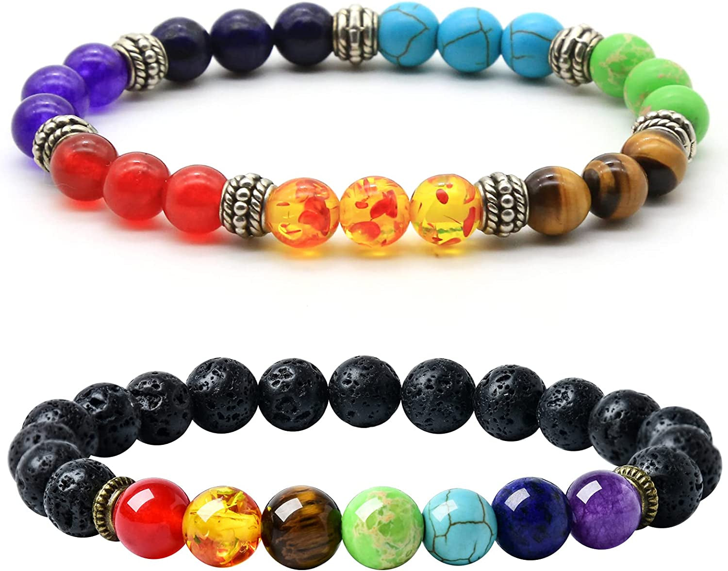 HEDQFM 2Pcs Lava Rock 7 Chakra Bracelets Aromatherapy Essential Oil Diffuser Bracelets Couples Yoga Beads Bracelet Volcanic Lava Stone Stretch Bracelet for Men Women Apparel & Accessories > Jewelry > Bracelets HEDQFM Chakra A  