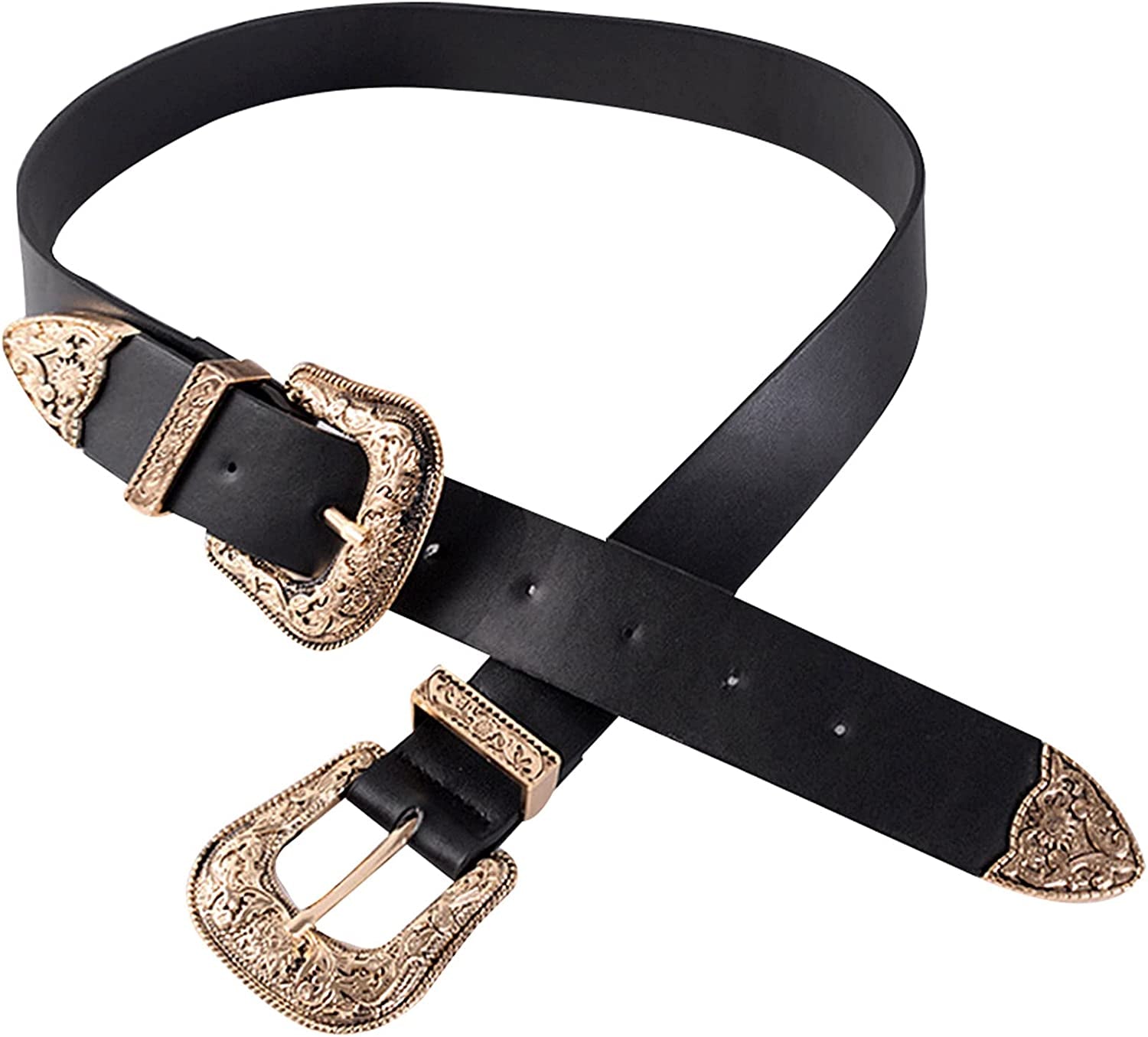 CLARA Women Vintage Western Waist Belt Double Buckle Belt PU Leather Waistband for Jeans Dress Apparel & Accessories > Clothing Accessories > Belts CLARA Gold  