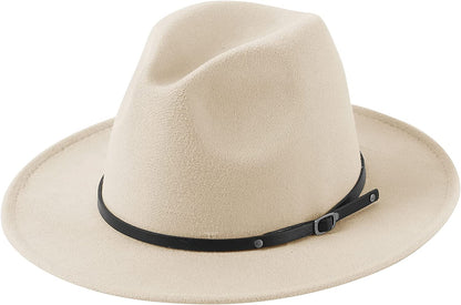 Lanzom Womens Classic Wide Brim Floppy Panama Hat Belt Buckle Wool Fedora Hat Apparel & Accessories > Clothing Accessories > Hats Lanzom Beige One Size 