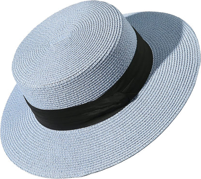 Lanzom Sun Hats for Women Wide Brim Straw Boater Hat Foldable Packable Beach Hat for Summer Apparel & Accessories > Clothing Accessories > Hats Lanzom Light Blue Medium 