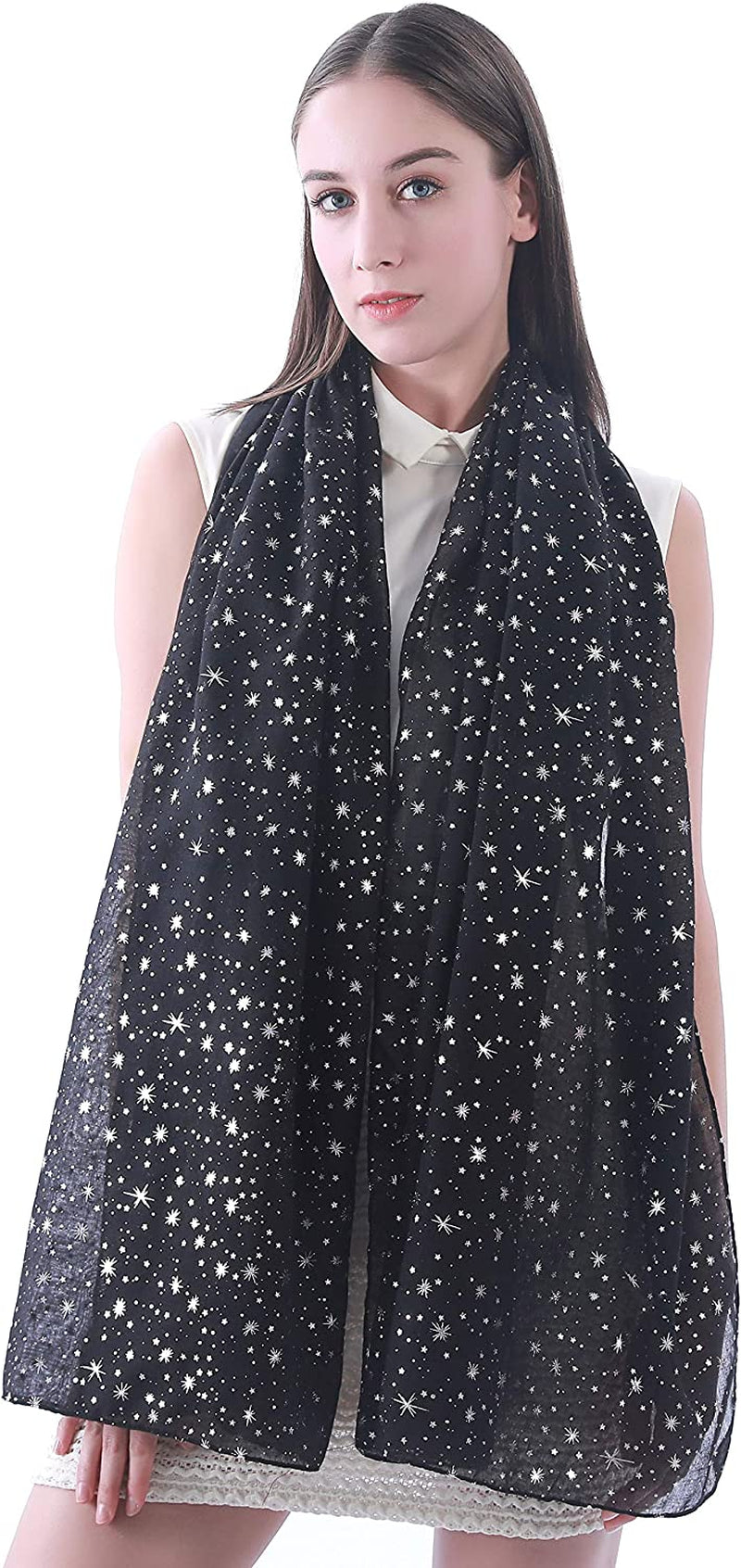 Lina & Lily Silver Gold Glitters Shimmer Foil Stars Women Scarf Shawl Wrap Apparel & Accessories > Clothing Accessories > Scarves & Shawls Lina & Lily   