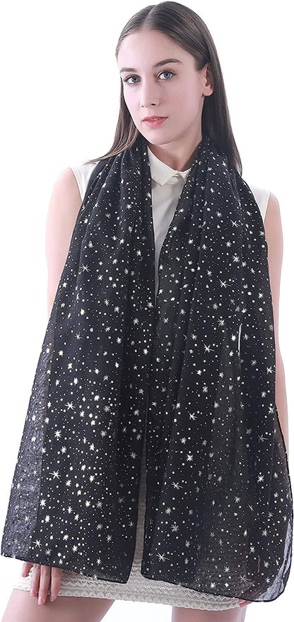 Lina & Lily Silver Gold Glitters Shimmer Foil Stars Women Scarf Shawl Wrap Apparel & Accessories > Clothing Accessories > Scarves & Shawls Lina & Lily   