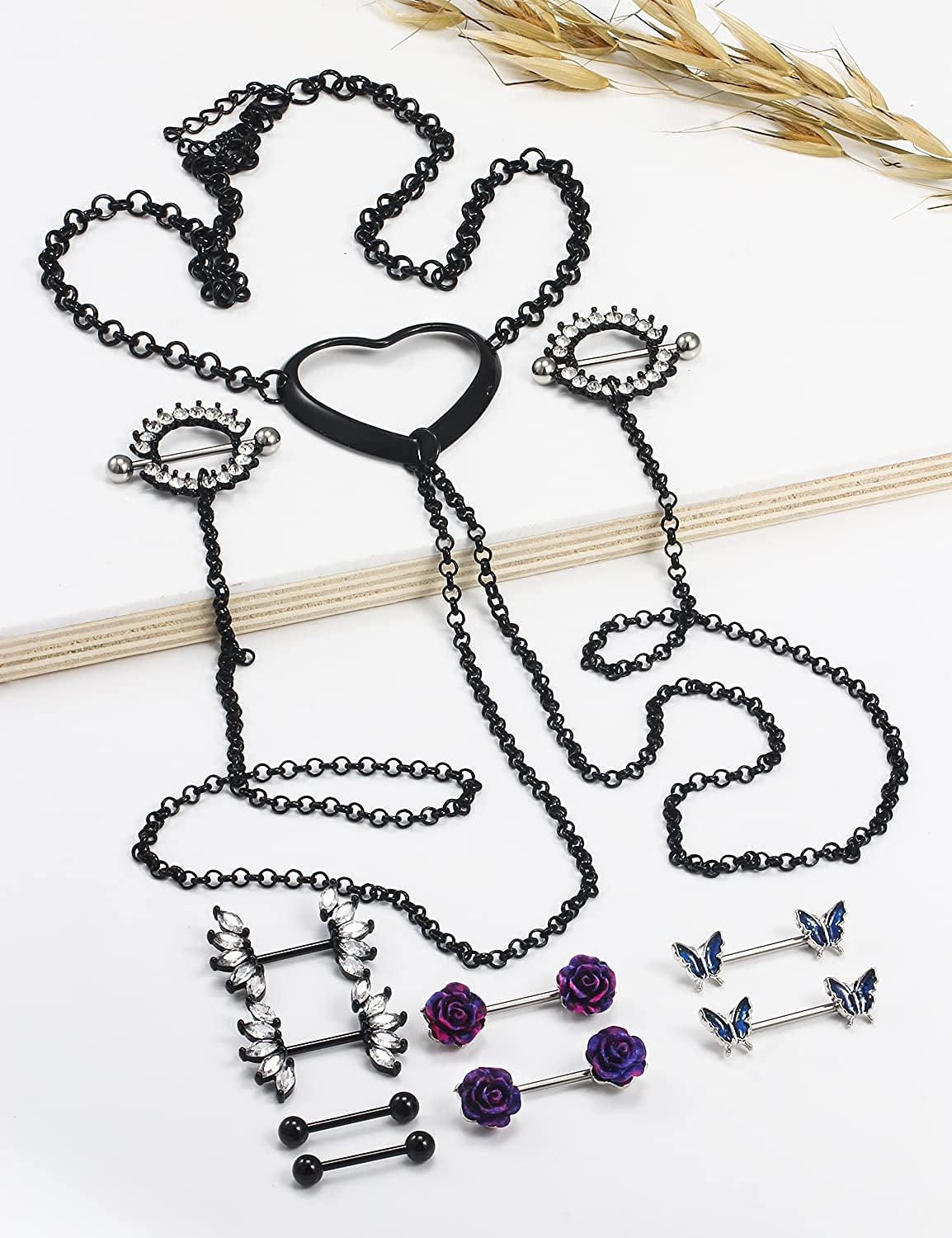Pexveiuu 16Pcs Nipple Rings Chain and Belly Burron Ring for Women Surgical Steel Nipple Belly Navels Barbells Bar Piercing Apparel & Accessories > Jewelry > Body Jewelry Pexveiuu   
