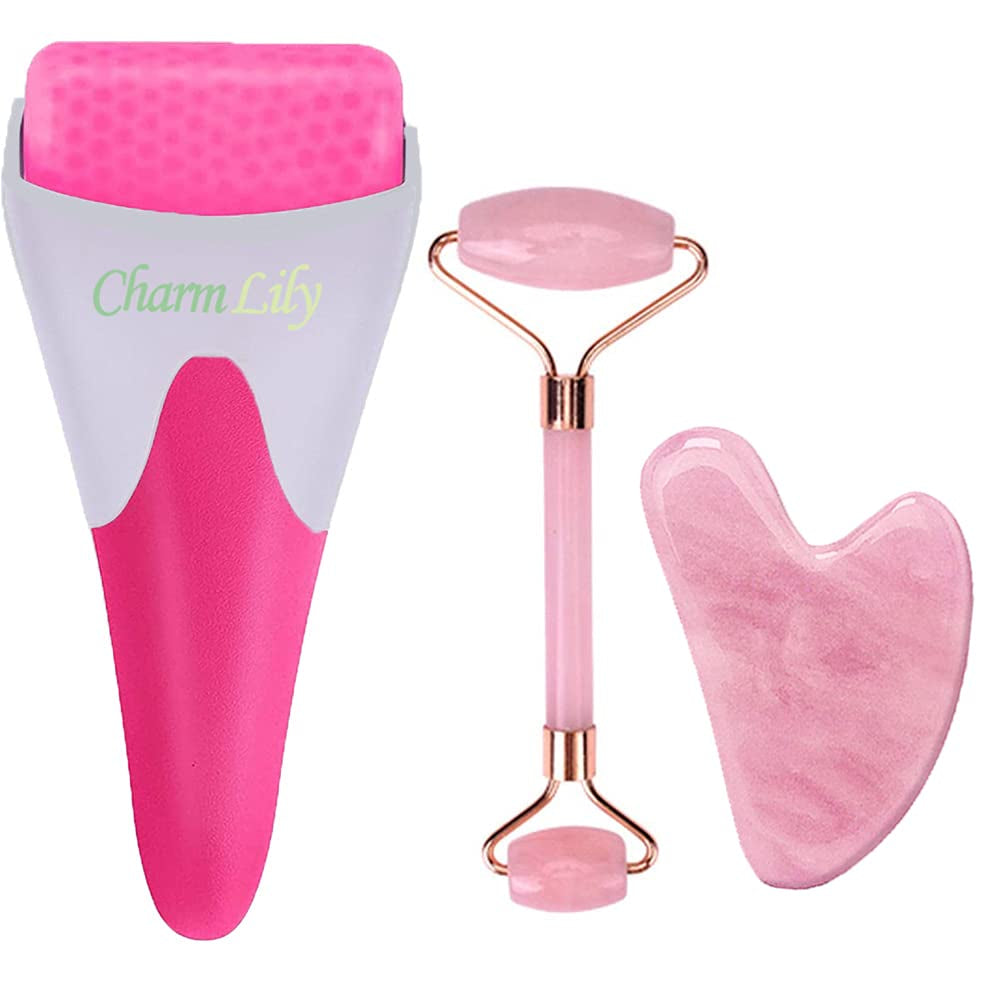Jade & Ice Roller + Gua Sha Massager Tool Set for Face & Eyes by Charmlily, Puffiness, Reduce Wrinkle Aging, Migraine, Pain Relief on Neck & Body, Cold Facial Original Natural Stone - 3 in 1 Health & Beauty > Personal Care > Cosmetics > Cosmetic Tools > Skin Care Tools CHARMLILY Rose Quartz  