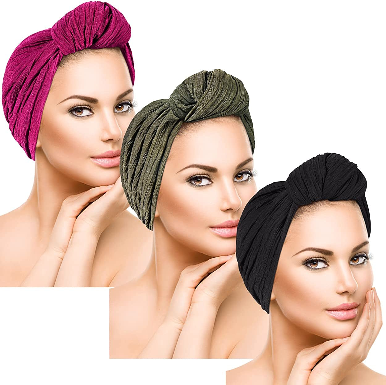 DANMY Women'S Beanie Turban Hats, Indian Hats Headscarves, Beanie Hats for Women,Turban for Women Apparel & Accessories > Clothing Accessories > Headwear DANMY 3pcs-rose-red/Army-green/Black  
