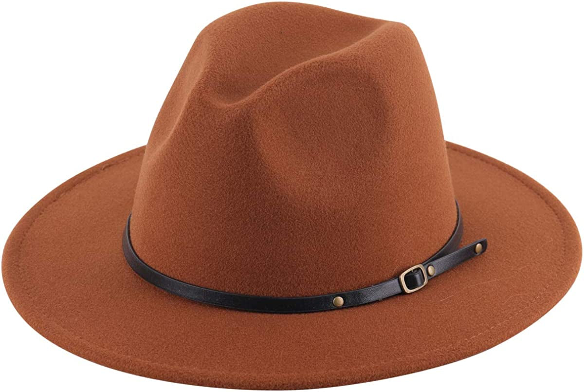 Lanzom Women Lady Retro Wide Brim Floppy Panama Hat Belt Buckle Wool Fedora Hat Apparel & Accessories > Clothing Accessories > Hats Lanzom Coffee One Size 