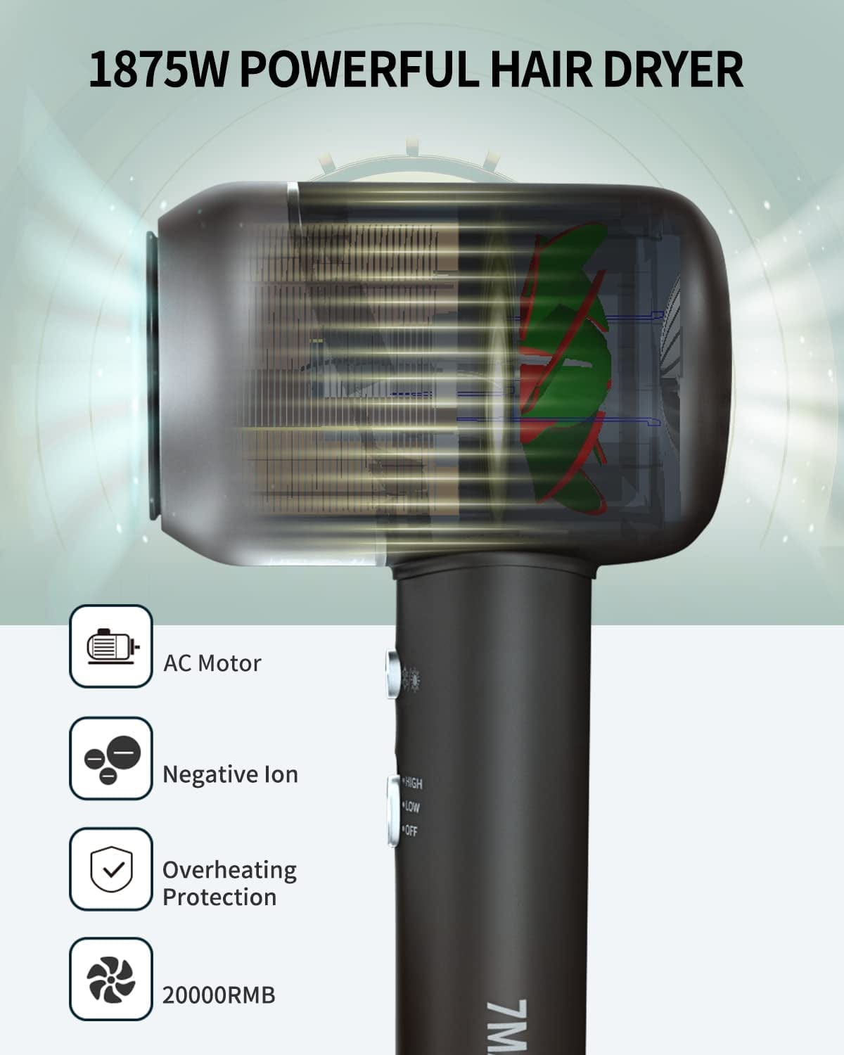 7MAGIC Hair Dryer, Ionic Blow Dryer, 1875 Watt Powerful Fast Drying Hairdryer with Negative Ion Technology for Hair Care, Professional Hair Blow Dryer with Concentrator Nozzle for Women Salon Home Health & Beauty > Personal Care > Hair Care 7MAGIC   