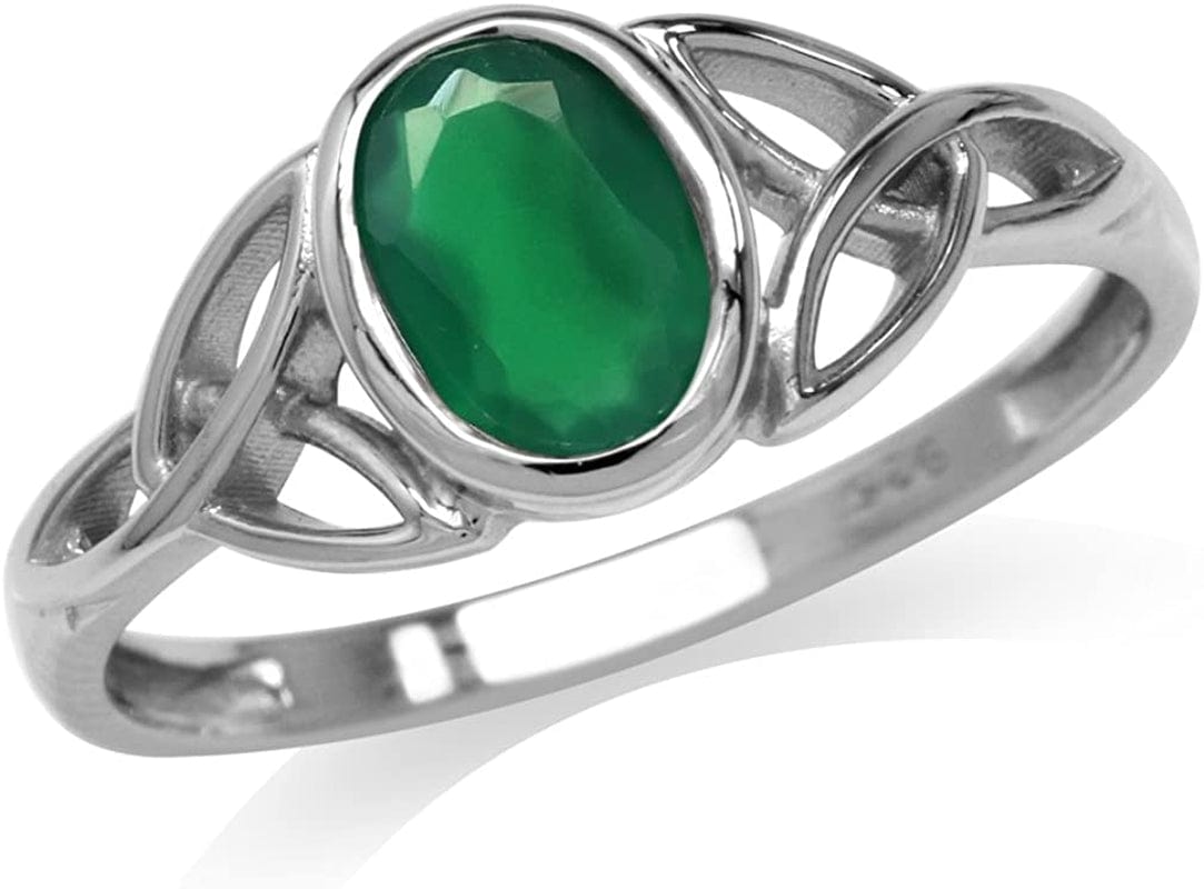 7X5Mm Oval Shape Birthstone Gemstone 925 Sterling Silver Triquetra Celtic Trinity Knot Ring 11.5 / emerald green agate - may birthstone