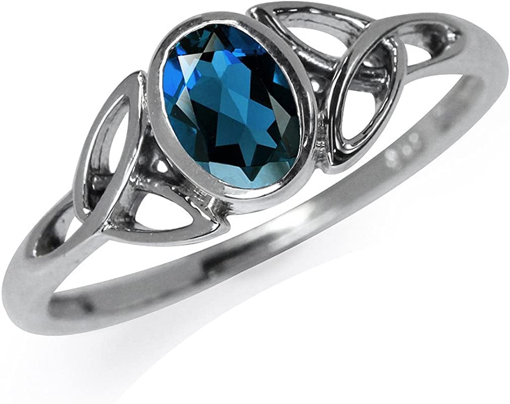 7X5Mm Oval Shape Birthstone Gemstone 925 Sterling Silver Triquetra Celtic Trinity Knot Ring 12 / genuine london blue topaz-december birthstone