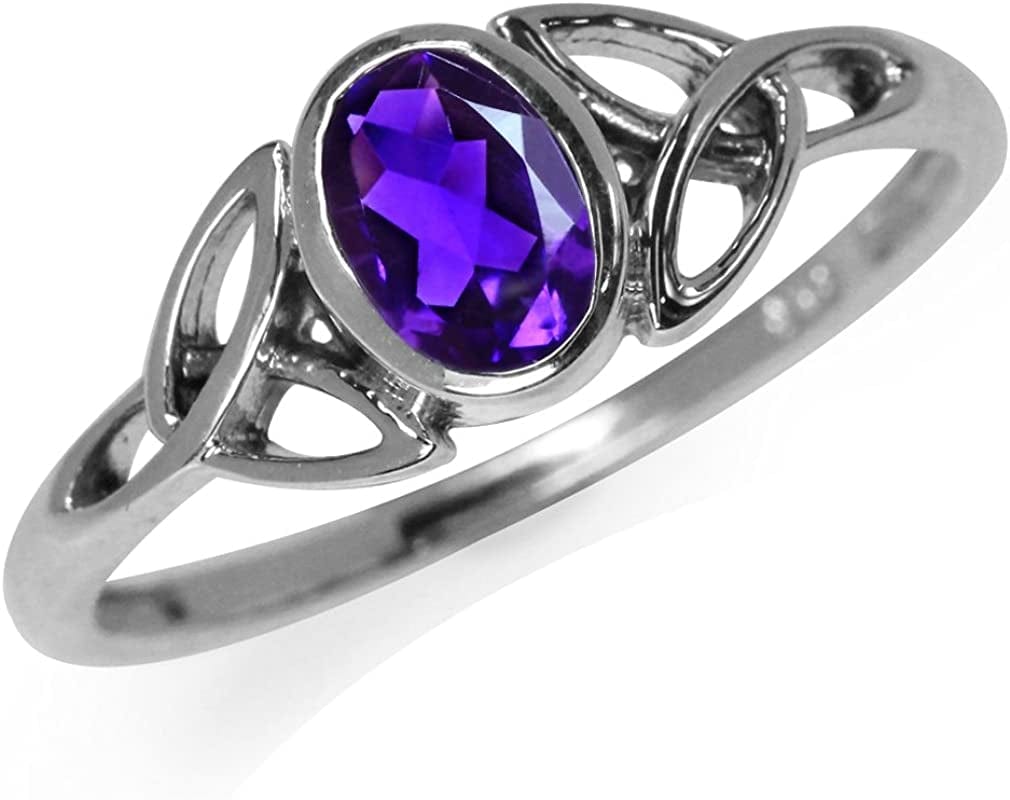 7X5Mm Oval Shape Birthstone Gemstone 925 Sterling Silver Triquetra Celtic Trinity Knot Ring 10.5 / natural african amethyst - february birthstone
