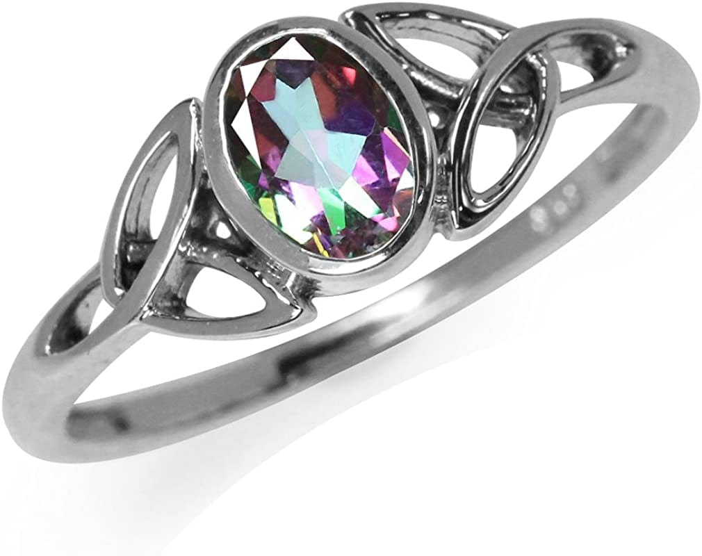 7X5Mm Oval Shape Birthstone Gemstone 925 Sterling Silver Triquetra Celtic Trinity Knot Ring 7.5 / rainbow mystic fire topaz