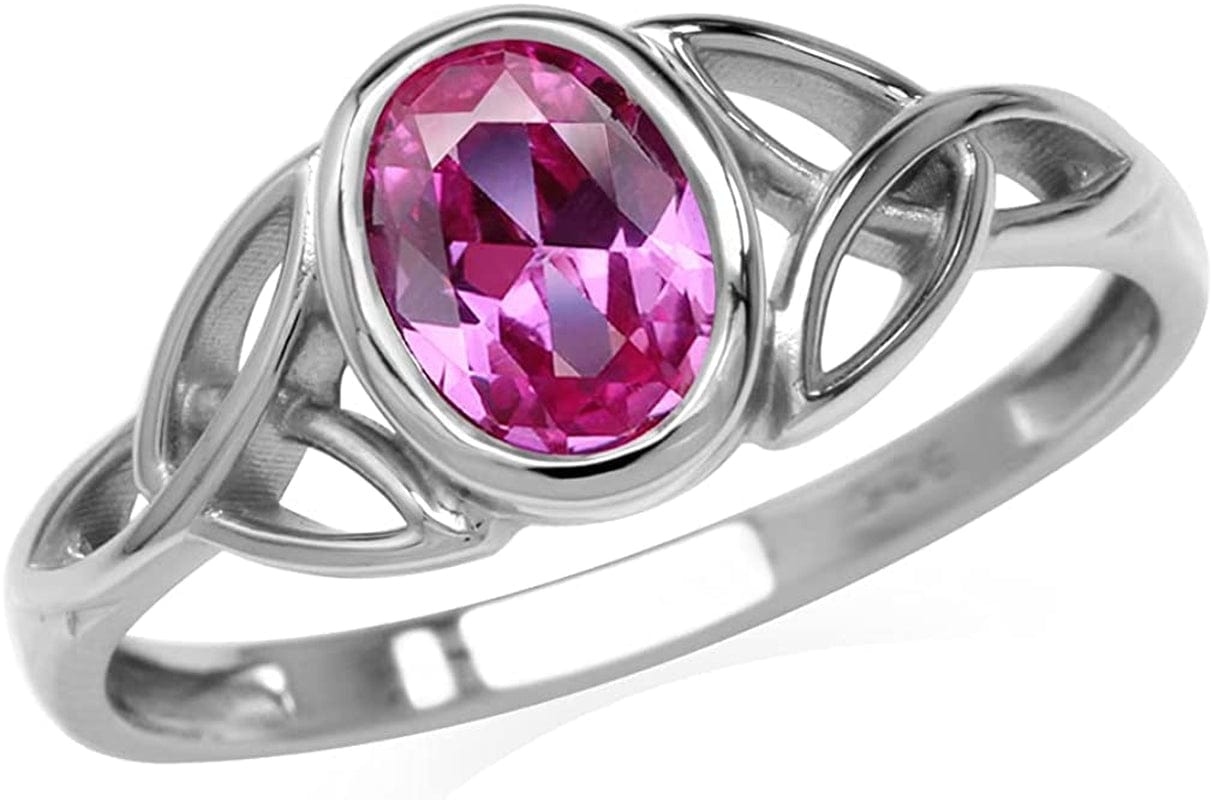 7X5Mm Oval Shape Birthstone Gemstone 925 Sterling Silver Triquetra Celtic Trinity Knot Ring 11.5 / created pink tourmaline - october birthstone