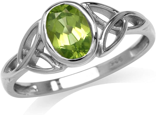 7X5Mm Oval Shape Birthstone Gemstone 925 Sterling Silver Triquetra Celtic Trinity Knot Ring 5.5 / natural peridot - august birthstone