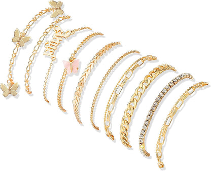 8-10Pcs Ankle-Bracelet for Women Gold Anklets Set Butterfly Anklets Boho Layered Beach Anklets Foot Chains Adjustable Apparel & Accessories > Jewelry > Anklets MOROTOLE Gold,10pcs,update  