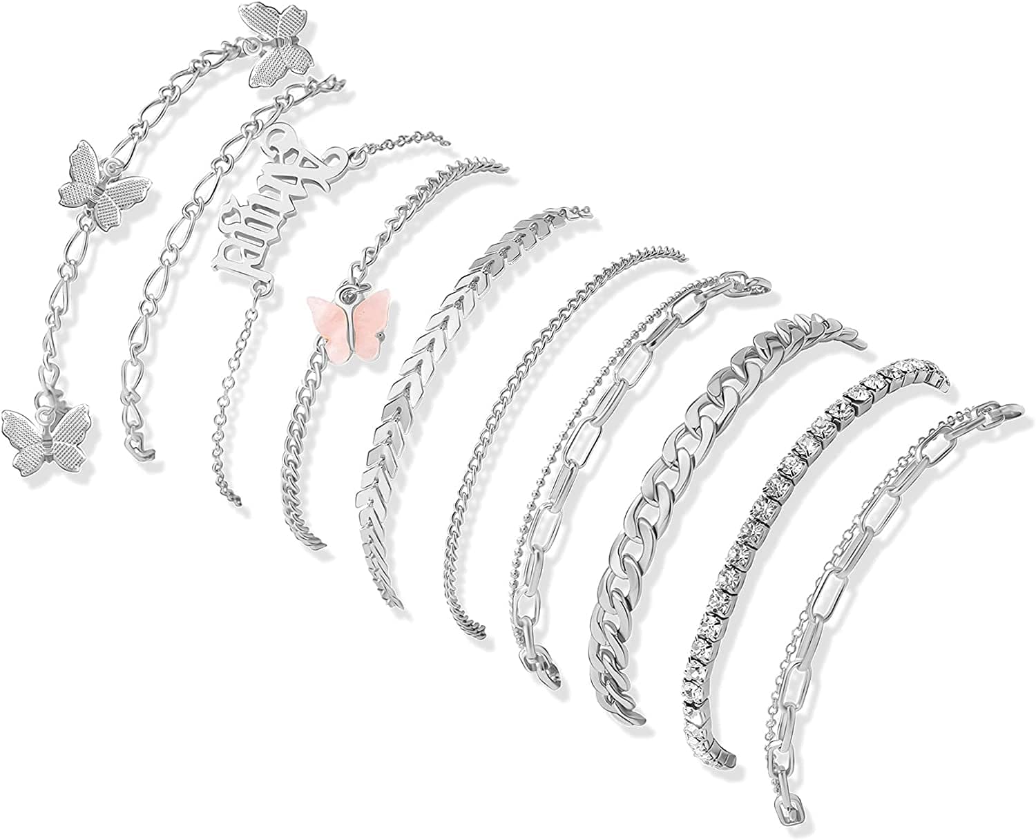 8-10Pcs Ankle-Bracelet for Women Gold Anklets Set Butterfly Anklets Boho Layered Beach Anklets Foot Chains Adjustable Apparel & Accessories > Jewelry > Anklets MOROTOLE Silver  