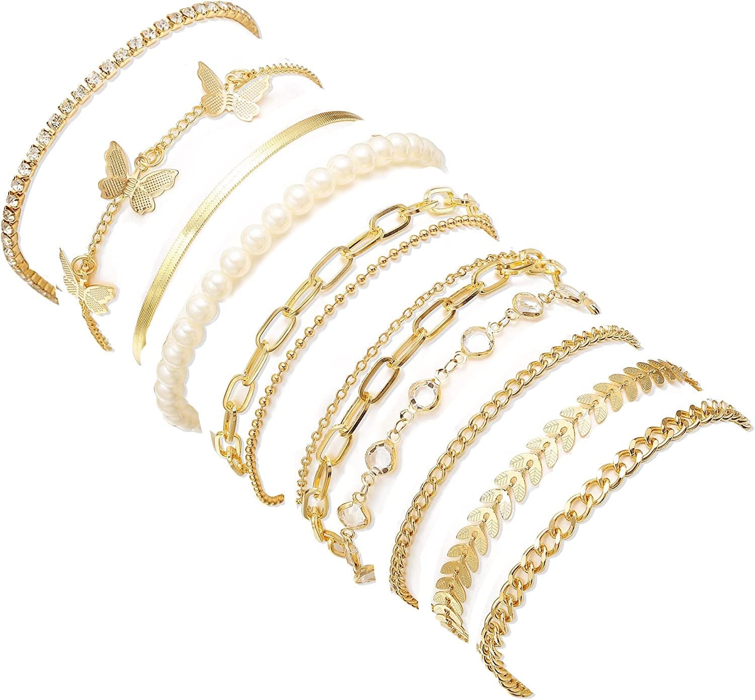 8-10Pcs Ankle-Bracelet for Women Gold Anklets Set Butterfly Anklets Boho Layered Beach Anklets Foot Chains Adjustable Apparel & Accessories > Jewelry > Anklets MOROTOLE 10pcs,gold,crystal  