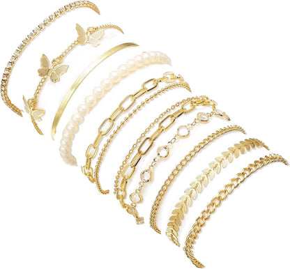 8-10Pcs Ankle-Bracelet for Women Gold Anklets Set Butterfly Anklets Boho Layered Beach Anklets Foot Chains Adjustable Apparel & Accessories > Jewelry > Anklets MOROTOLE 10pcs,gold,crystal  