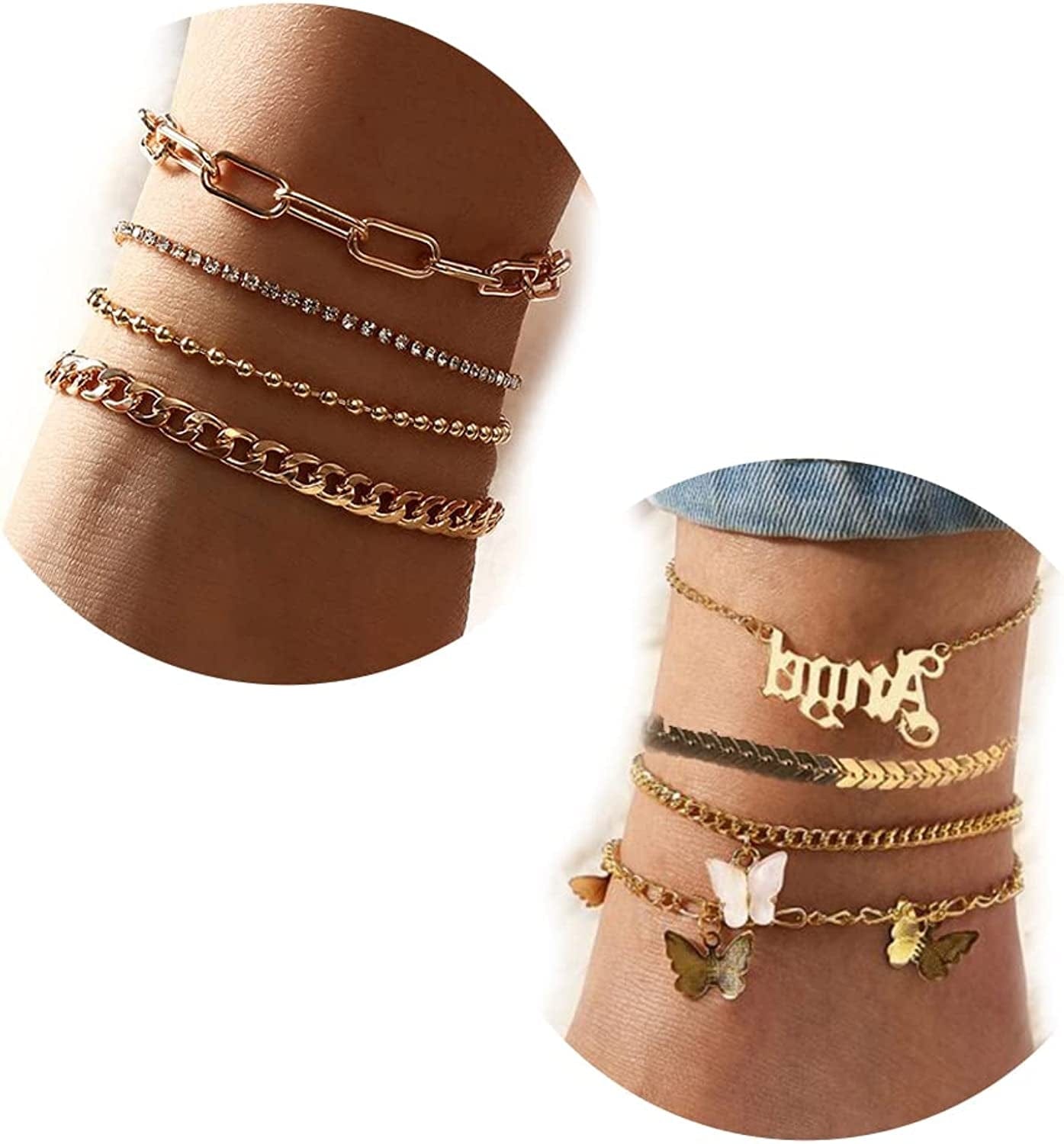 8-10Pcs Ankle-Bracelet for Women Gold Anklets Set Butterfly Anklets Boho Layered Beach Anklets Foot Chains Adjustable Apparel & Accessories > Jewelry > Anklets MOROTOLE 8pcs,butterfly crystal chain  