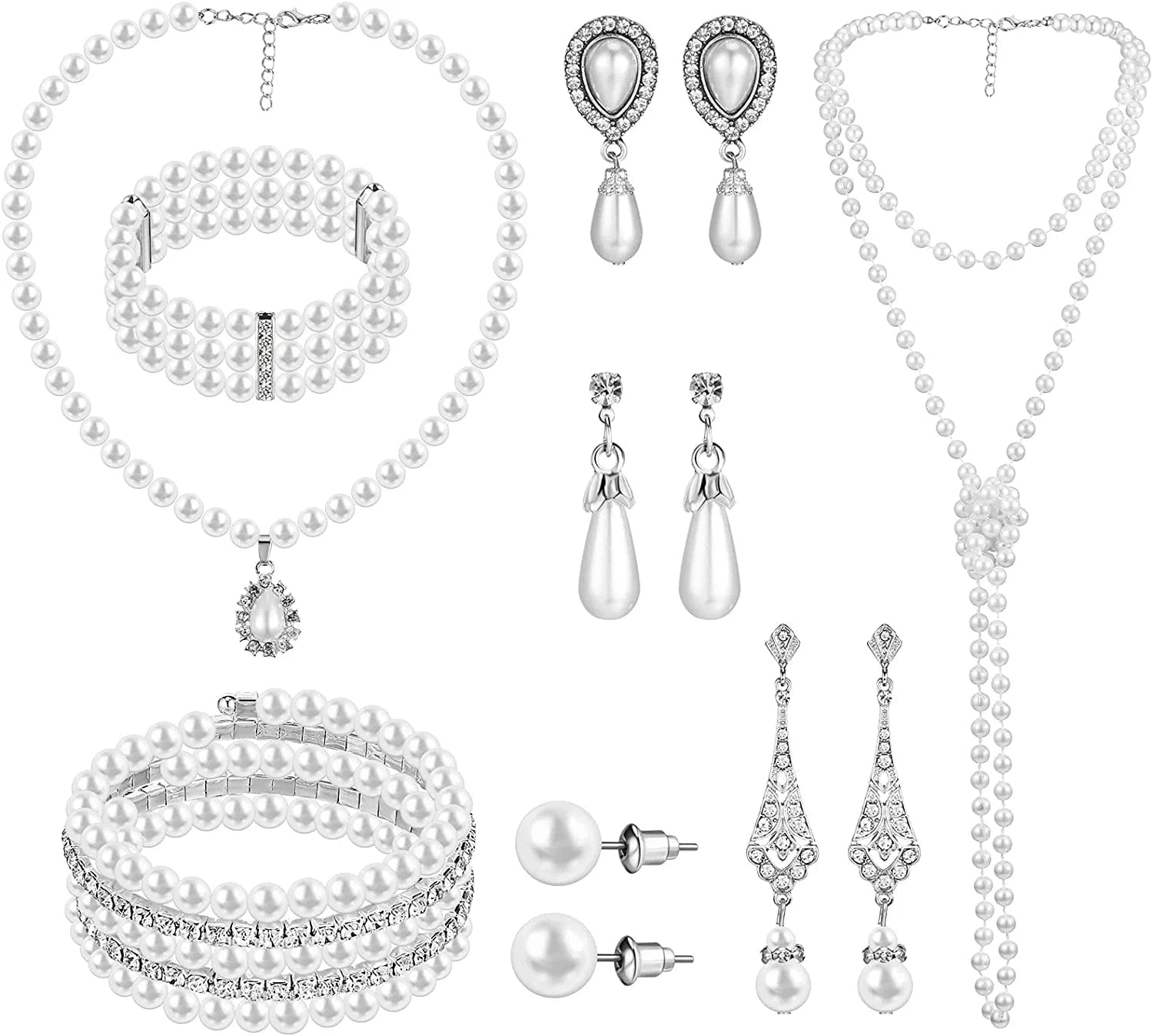 8 Pcs Pearl Necklace Pearl Earrings Pearl Bracelet Set 1920S Simulated Pearls Accessories Wedding Pearl Jewelry Set Christmas Gift for Women Mom Wife Elegant Style
