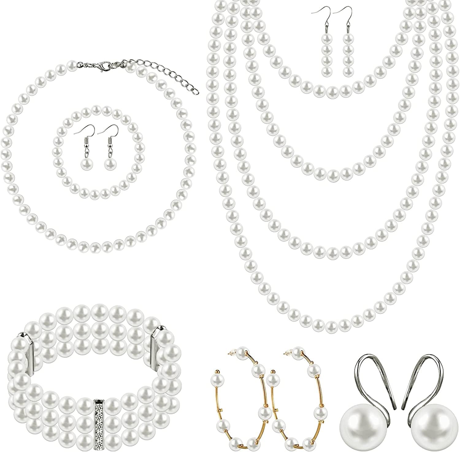 8 Pcs Pearl Necklace Pearl Earrings Pearl Bracelet Set 1920S Simulated Pearls Accessories Wedding Pearl Jewelry Set Christmas Gift for Women Mom Wife Stylish Style