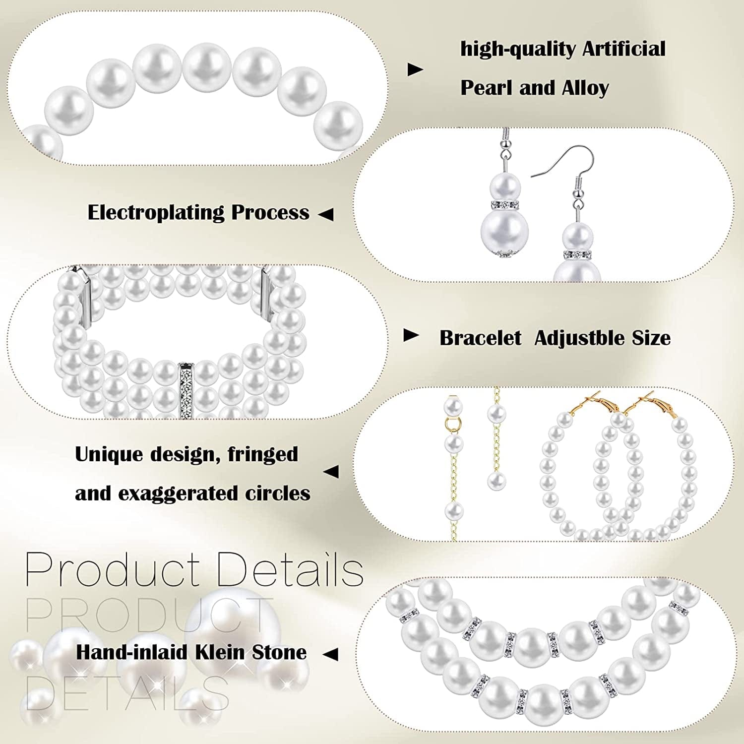8 Pcs Pearl Necklace Pearl Earrings Pearl Bracelet Set 1920S Simulated Pearls Accessories Wedding Pearl Jewelry Set Christmas Gift for Women Mom Wife
